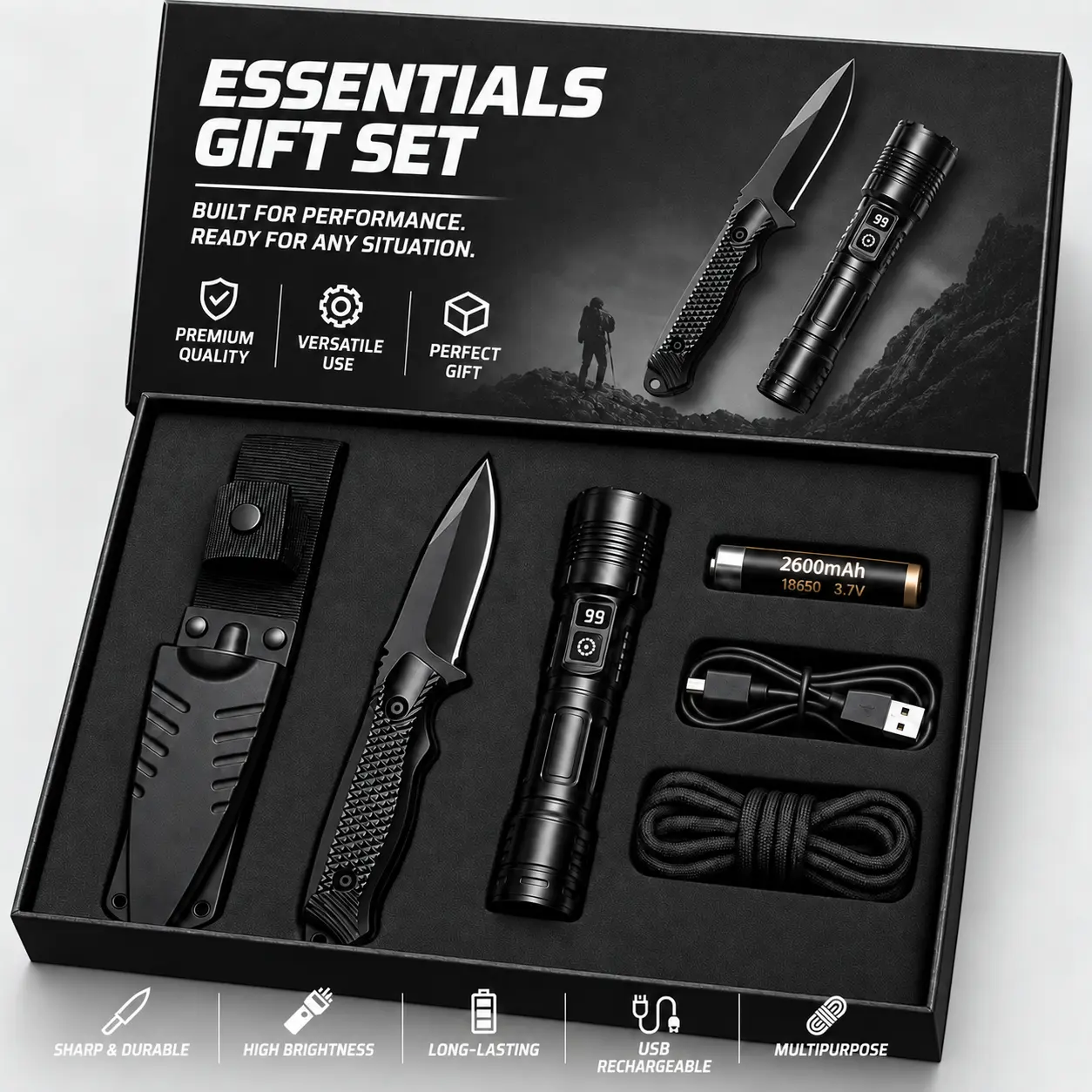 2Pcs Outdoor Emergency Kit, Rechargeable Digital Display LED Flashlight, Fixed Blade Knife, Includes Rope and Battery, Portable Camping Hiking EDC Gear, Perfect Tech Gift for Outdoor Lovers, Birthday Christmas Holiday Gift