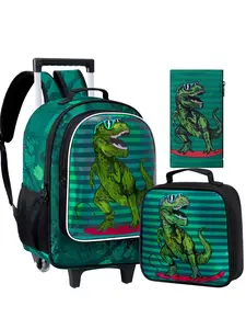 3PCS Rolling Backpack For Boys,Kids Roller Wheels Bookbag, Wheeled Elementary School Bag with Lunch Bag-Green Dinosau