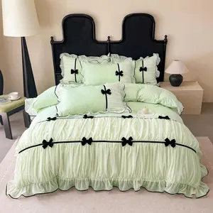 Ruffle Beddding Set with Bowtie,Chic Lace Bedding,Girls Twin Aesthetic Comforter Cover Set,Romantic French Princess Style Ruffled Duvet Cover with Lovely Bow with Zipper Closure