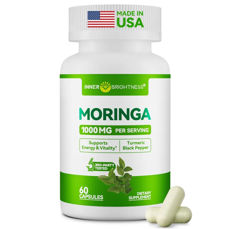 Moringa Capsules 1000mg, Inner Brightness Moringa Leaf Extract + Tumeric + Black Pepper, for Energy & Sleep & Immune & Gut Health, Veg Capsules 60 Count, All-Natural, Non-GMO, Made in The USA