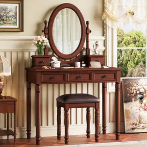 [Bellemave]Vanity Desk with Adjustable Angle Mirror, Vintage Vanity Makeup Table and Cushioned Stool Set with Velvet Fabric Lining 5 Drawers,Wooden Dressing Table Set for Bedroom, Walnut