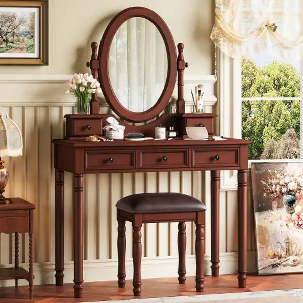 [Bellemave]Vanity Desk with Adjustable Angle Mirror, Vintage Vanity Makeup Table and Cushioned Stool Set with Velvet Fabric Lining 5 Drawers,Wooden Dressing Table Set for Bedroom, Walnut