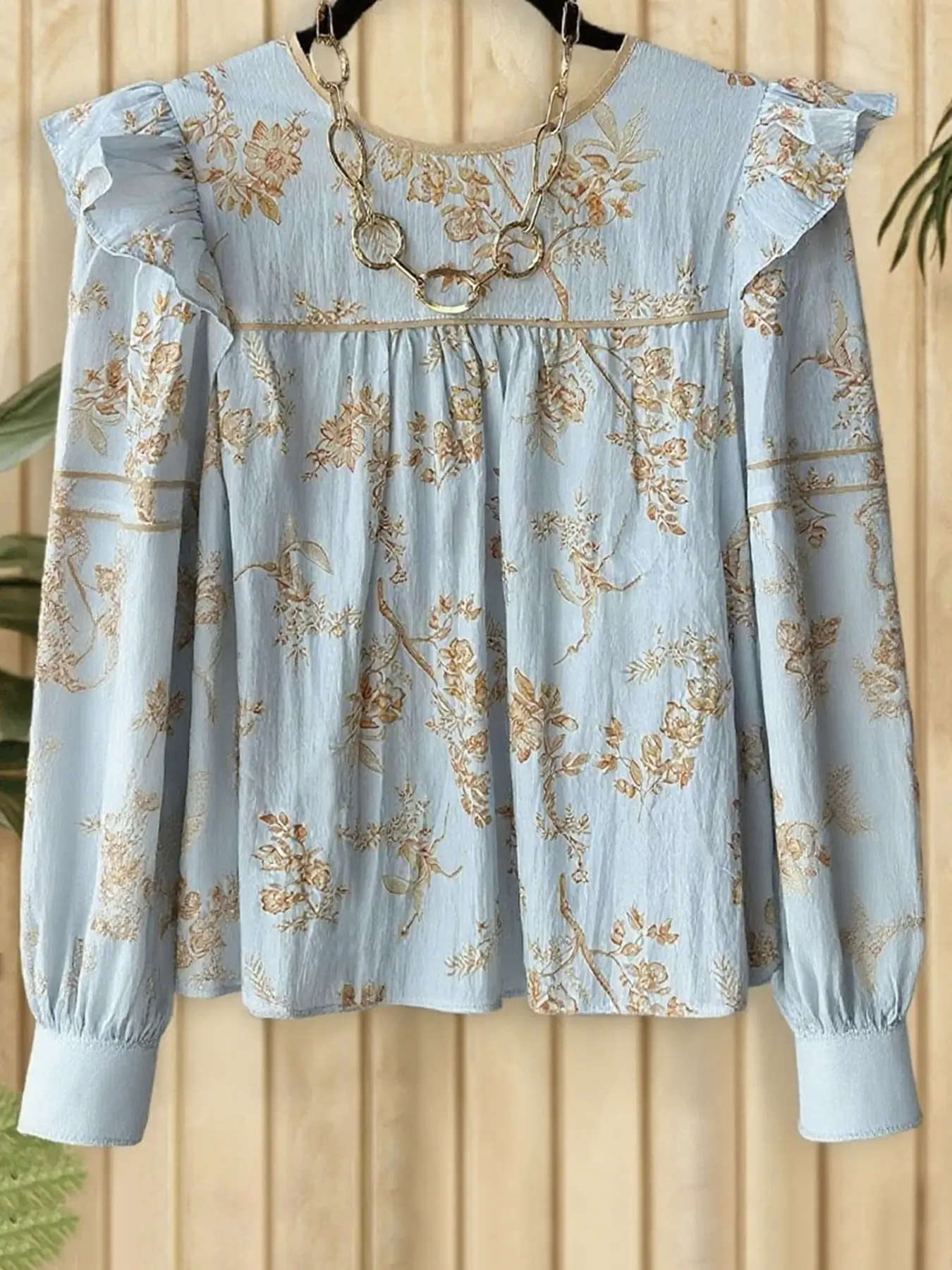 OHMona Light Blue Golden Floral Ruffle Blouse Boho Puff Sleeve Cottagecore Top for Women