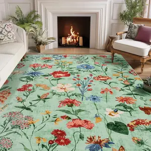 Garvee 8x10 Area Rug for Living Room, Floral Washable Rugs Low Pile, Soft Non Slip Vintage Carpet for Bedroom, Kitchen, Dining Room, Office, Light Green