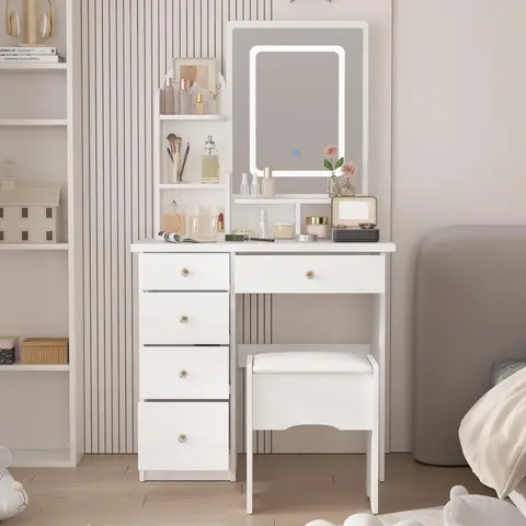 FUFU&GAGA Modern Purple Engineered Wood Vanity with Mirror - Glow Light Makeup Vanity, Built-in Adjustable Flicker-Free LED Light Bar, Matching Stool, Crystal Handles, Drawer, Shelf, Jewelry Organizer, 31.5x15.7x55.1in Storage, Easy to Assemble & Clean
