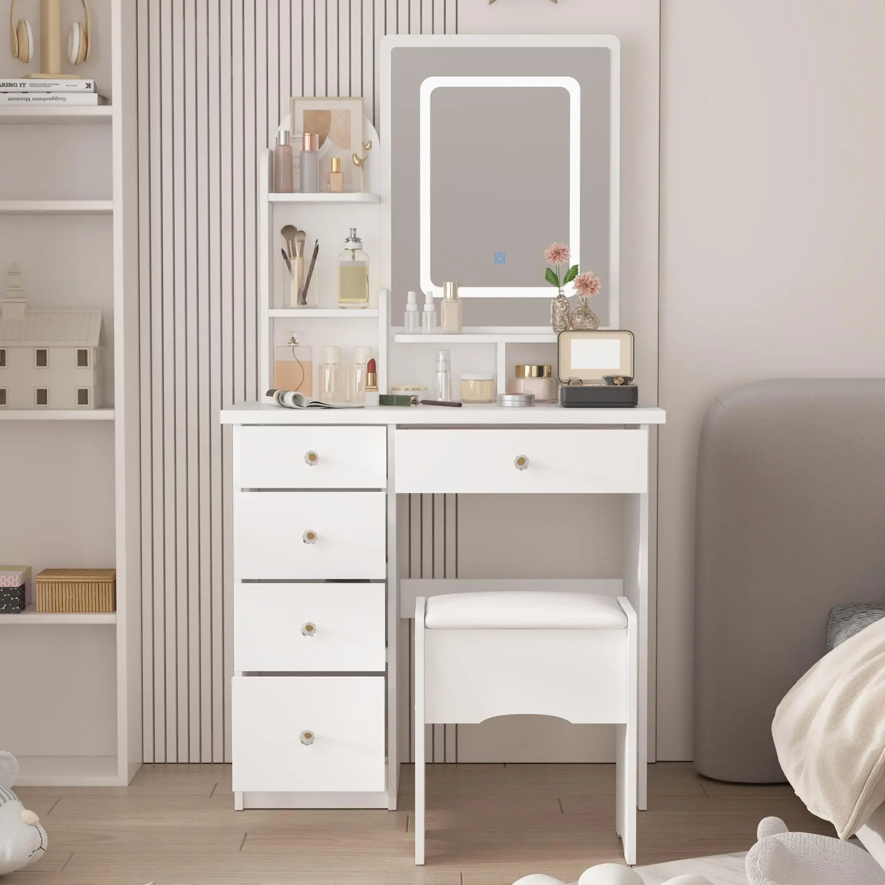 FUFU&GAGA Upgrade Crystal Handle LED Makeup Vanity Set with Drawer, Shelf, Lighted Mirror & Jewelry Organizer - White, 31.5"W x 15.7"D x 55.1"H