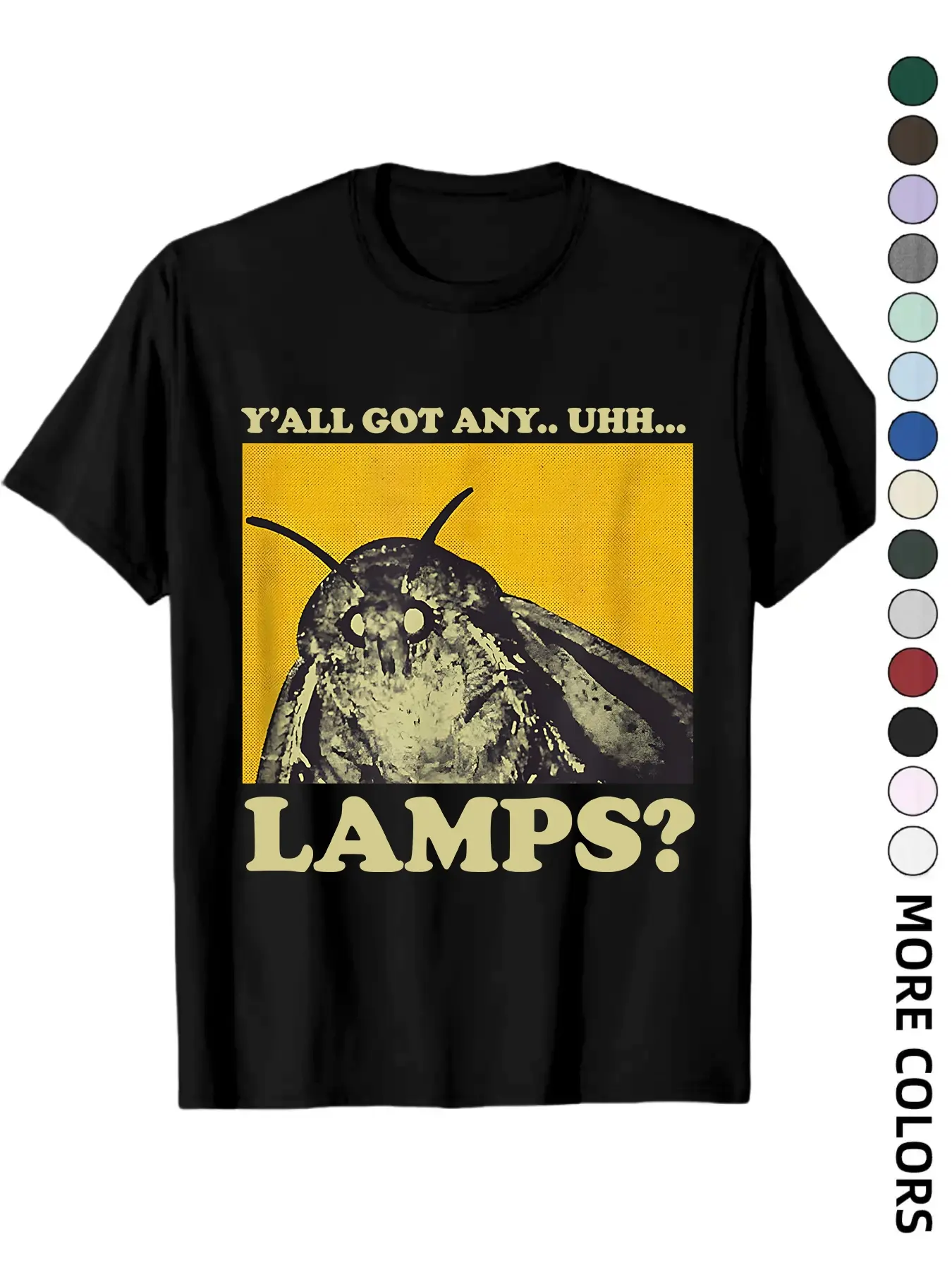 Vintage Moth 'Lamps?' Meme Graphic Long T-Shirt - Menswear Retro Funny Print, Multiple Color Options, Casual Streetwear Fashion Short Sleeve Top for Daily Wear & Humor Lovers, Fitted, Fabric