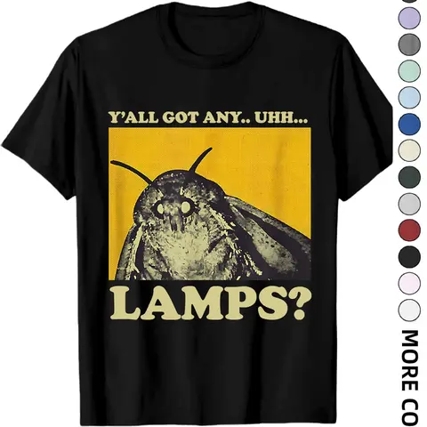 Vintage Moth 'Lamps?' Meme Graphic Long T-Shirt - Menswear Retro Funny Print, Multiple Color Options, Casual Streetwear Fashion Short Sleeve Top for Daily Wear & Humor Lovers, Fitted, Fabric, Graphic T Shirts