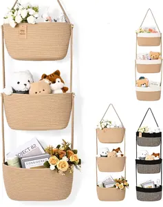 Hanging Basket, 3-Tier Wall Baskets, Over the Door Organizer with 4 Hooks, Hanging Baskets for Organizing, Woven Storage Basket Behind the Door for Nursery, Bedroom, Living Room, Kitchen