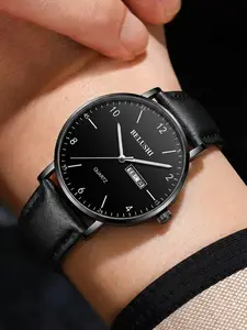 Minimalist Samurai Watch, Ultra-Thin Dial, Soft Leather Strap, Dual Date Display, Elegant Style, All Seasons, Button Cell Battery, Quartz Watch