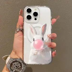 Magnetic Soft Case for iPhone11/12/13/14/15/16/promax, Cute Bunny with Bubble Gum MagSafe Compatible,Aesthetic Pattern Design Lightweight,y2k cased,AntiScratch,and Trendy