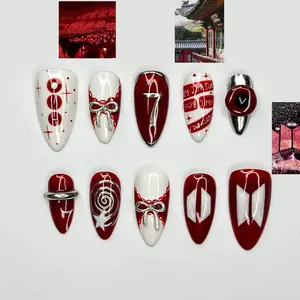 jasonj.nail Concert Stage Red Press-On Nails, Metallic Chrome Detail with Bold Graphic Elements, Comeback Performance Vibes, Idol Stage Aesthetic, Custom Handmade Nail Art