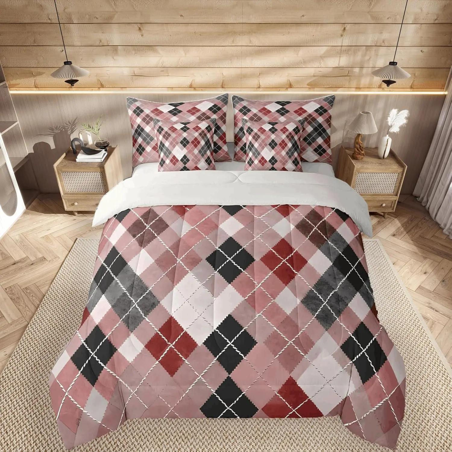 Plaid Comforter Set 7 Pieces Traditional Argyle Pattern Bedding Set for Kids Boys Girls Red Checkered Striped Classical Bed with Comforter,Sheets,Pillowcases,Cushion Covers