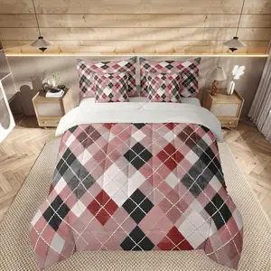 Plaid Comforter Set 7 Pieces Traditional Argyle Pattern Bedding Set for Kids Boys Girls Red Checkered Striped Classical Bed with Comforter,Sheets,Pillowcases,Cushion Covers