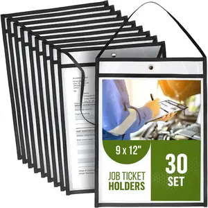 30 Pack 9x12 Job Ticket Holders with Strap Hanging Clear Dry Erase Plastic Pocket Sleeves for Work Order Documents
