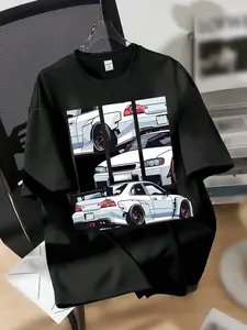 Men's Oversized JDM Nissan Skyline GTR R34 Graphic T-Shirt, Retro 90s Tuner Car Drift Culture Tee, Casual Cotton Crewneck Streetwear Top for Car Enthusiasts, Car Meet Apparel