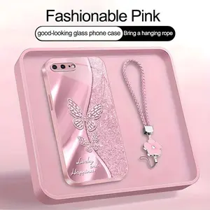 Suitable for [iPhone 8 Plus] high-end women's phone case🥰，a beautiful four-leaf clover lanyard is included🍀，A beautiful, sophisticated printed butterfly pattern—not sequins YM99