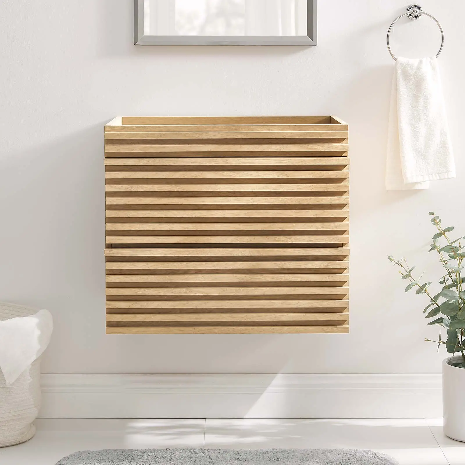 Modway Render 24 in Mid-Century Wall-Mount Bathroom Vanity Cabinet - Bathroom Cabinet Storage, Drywall Cleat, MDF Frame, Sink Basin Not Included (Oak)