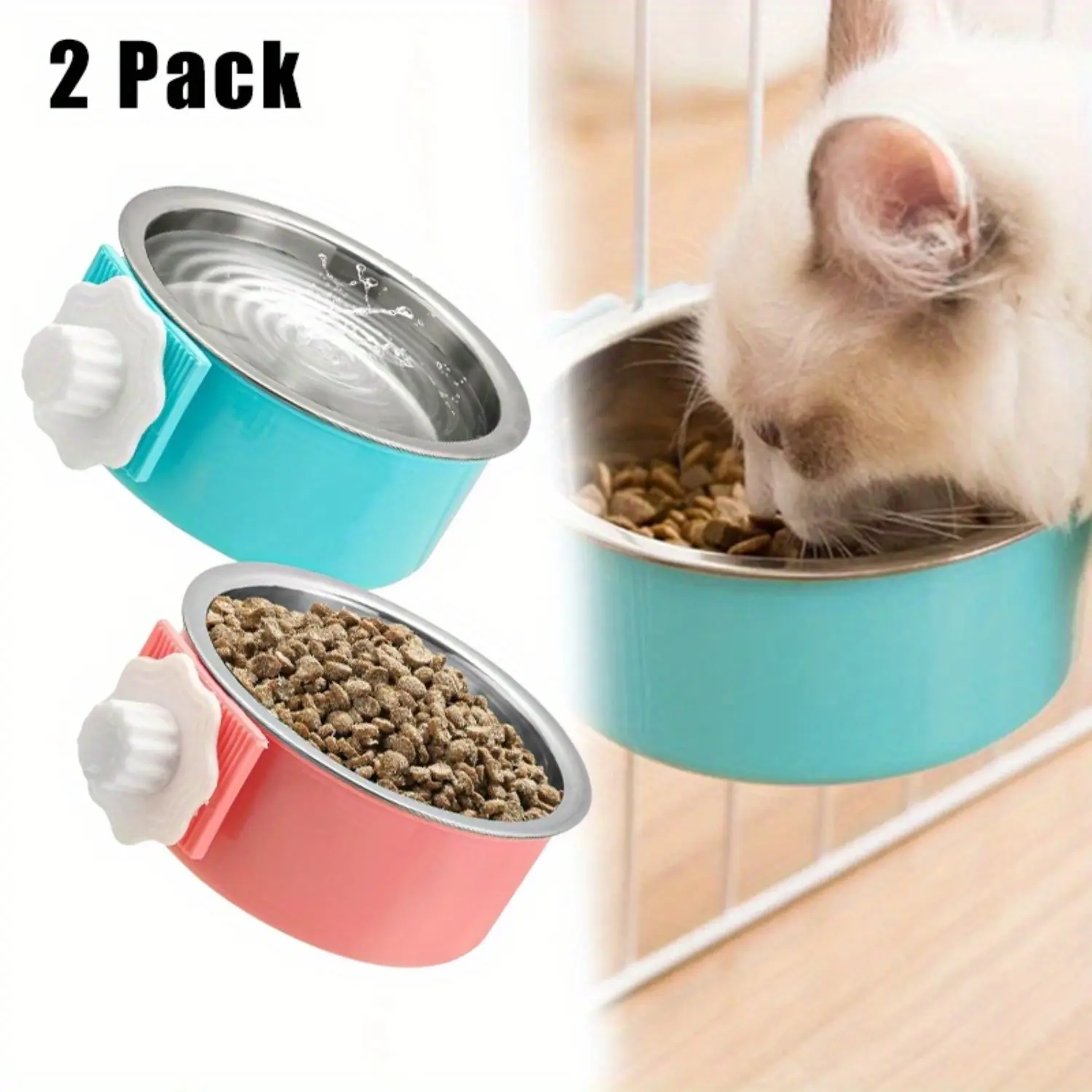 2Pcs Dog Bowl, Removable Stainless Steel Pet Kennel Hanging Food Water Feeder Bowl Cage Coop Cup for Puppy Medium Dog Cat Rabbit Ferret Bird, Car Interior Accessories