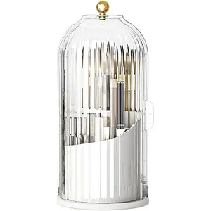 Birdcage-Style Concealed Toothbrush Holder Sliding Lid Bathroom Counter Organizer Tooth Brush Holder for Bathroom 360 Rotating Waterproof Dustproof Makeup Brushes Storage for Vanity (White) tiktokshopspringglowup