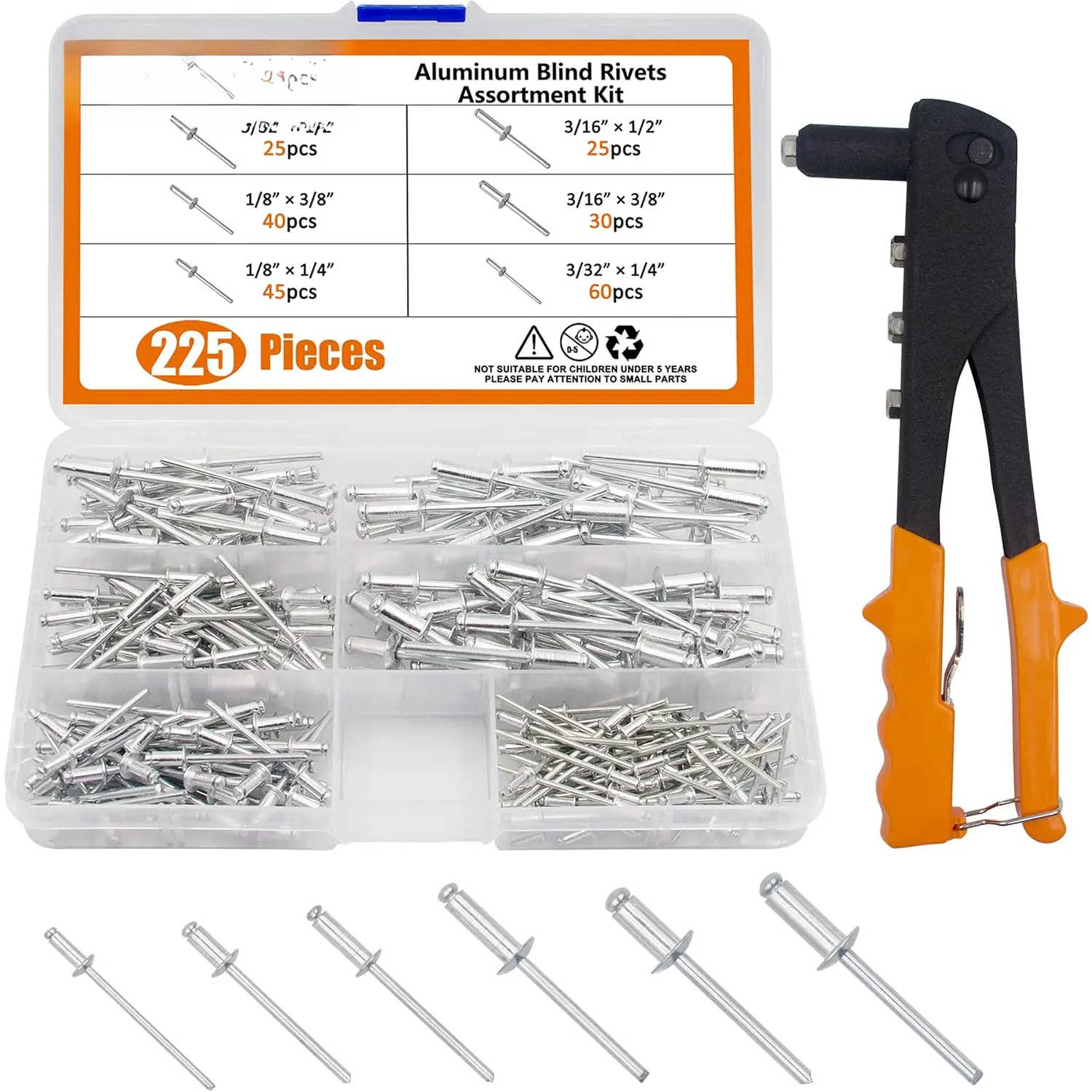 225 count Aluminum Blind Rivets Assortment Kit with Heavy Duty Hand Riveter Rivet  Tool, 6 Sizes Pop Rivets
