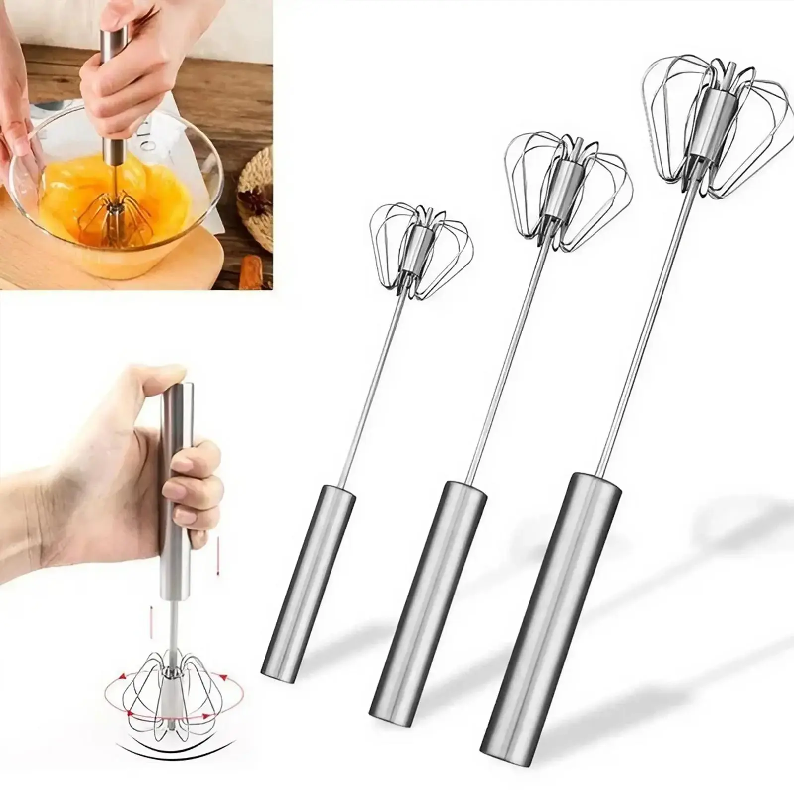 2 pcs Stainless Steel Handheld Egg Beater  Semi Automatic Hand Push Rotary Mixer Easy To Use Whisk for Cream Eggs Milk Frother Sauces Pancake Batter Cake Cupcake Muffin Bread Dough Perfect for Baking Cooking Camping RV Kitchen Prep Baking Tools