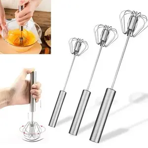 2 pcs Stainless Steel Handheld Egg Beater  Semi Automatic Hand Push Rotary Mixer Easy To Use Whisk for Cream Eggs Milk Frother Sauces Pancake Batter Cake Cupcake Muffin Bread Dough Perfect for Baking Cooking Camping RV Kitchen Prep Baking Tools