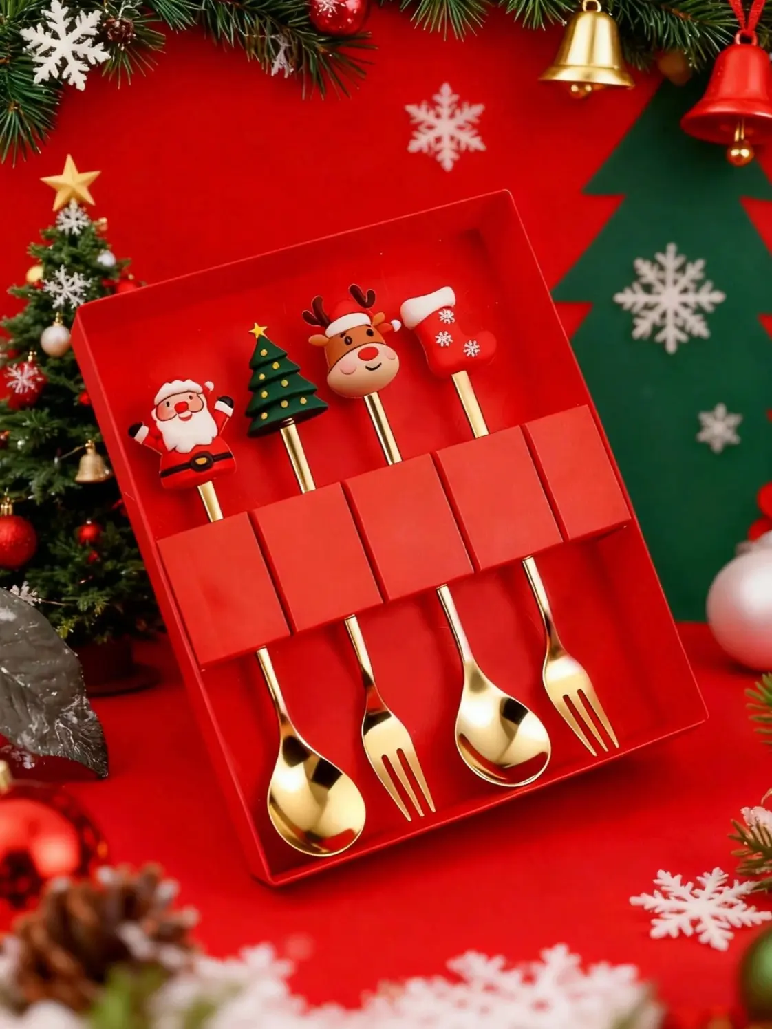 Stainless Steel Christmas Spoons and Forks, 6Pcs Creative Holiday Tableware Set