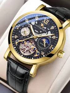 Men's Mechanical Watch, Business Gentleman Style, Luminous Waterproof Moon Phase Multifunctional Band, No Battery Needed, Business Fashion Watches