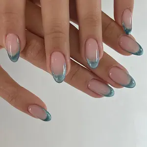 French Tip, Teal Tips, Press On Nails 24 Piece Set, Wear in 3 Minutes