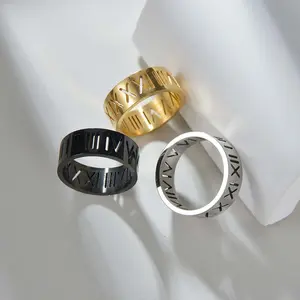 Titanium steel ring 8MM wide hollow Roman numeral ring for men and women daily wear gift