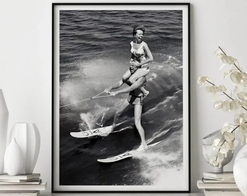 Vintage Waterskiing Poster, Black and White Beach Art Print