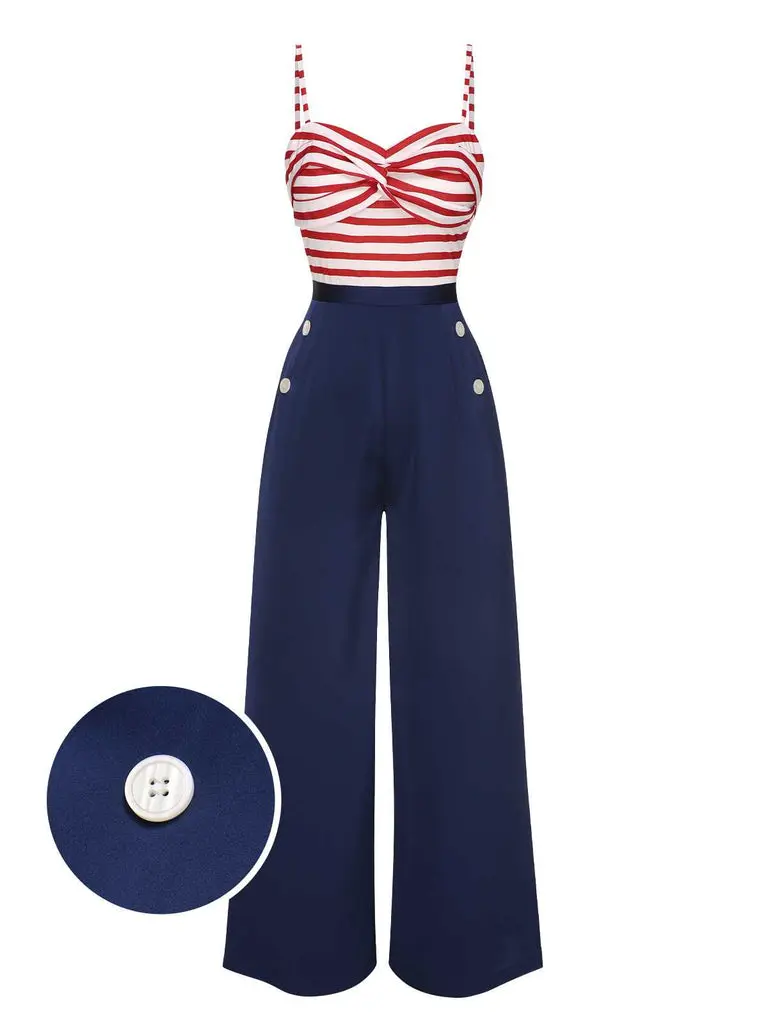RETRO STAGE Women's 1930s Dark Blue Sleeveless Striped Spaghetti Strap Fitted Ankle-Length Overalls, Casual Beach Jumpsuit, 4th of July Outfit, Cold Wash, Dry in Shade