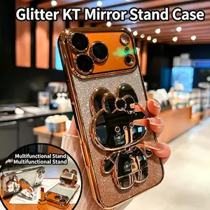 Glitter Bunny Phone Case with Stand & Mirror for iPhone 17 | Cute Silicone Protective Cover | Sparkly Bling Rabbit Case with Kickstand