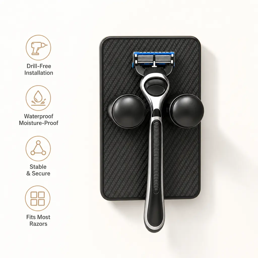 1 Count Self-adhesive Wall Mount Razor Holder, No Drilling Waterproof Organizer for Bathroom to Store Manual Shavers and Common Power Plugs