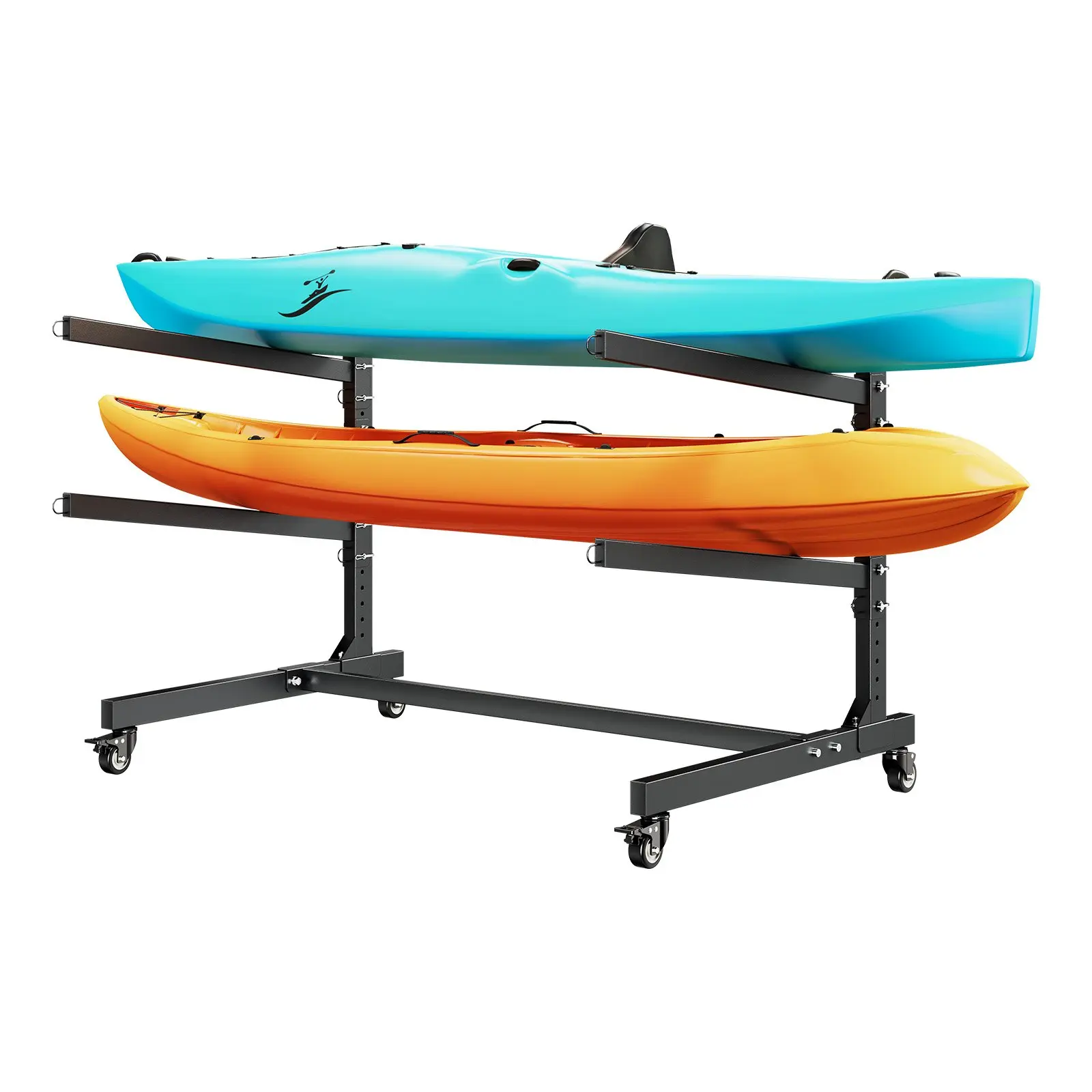 VEVOR 2-Kayak Storage Rack, Carbon Steel Heavy-Duty Tiered Arms Stand, 175 lbs Capacity Adjustable Freestanding Holder with Lockable Wheels, 28.0 in, Indoor/Outdoors for Canoe SUP Surfboard, Garage Docks