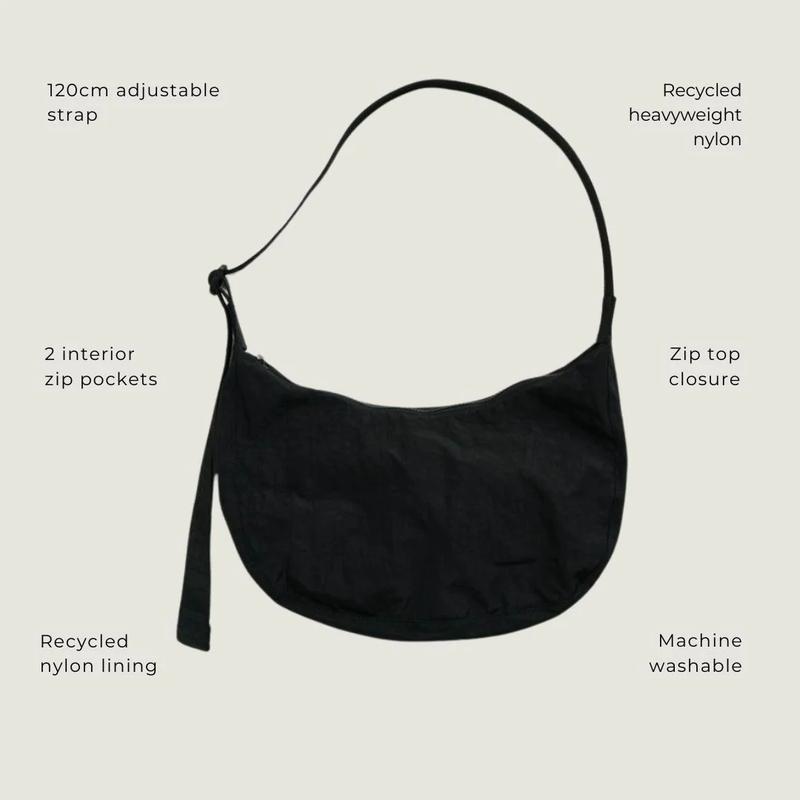 BAGGU Medium Nylon Crescent Bag – Everyday Crossbody, Lightweight & Spacious with Zippered Pockets | Machine Washable | Adjustable Strap, Recycled Nylon | Unisex Bags | Black Color with 2 Size