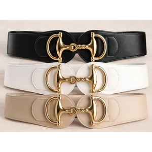 Wide Waist Belt with Gold Horsebit Buckle