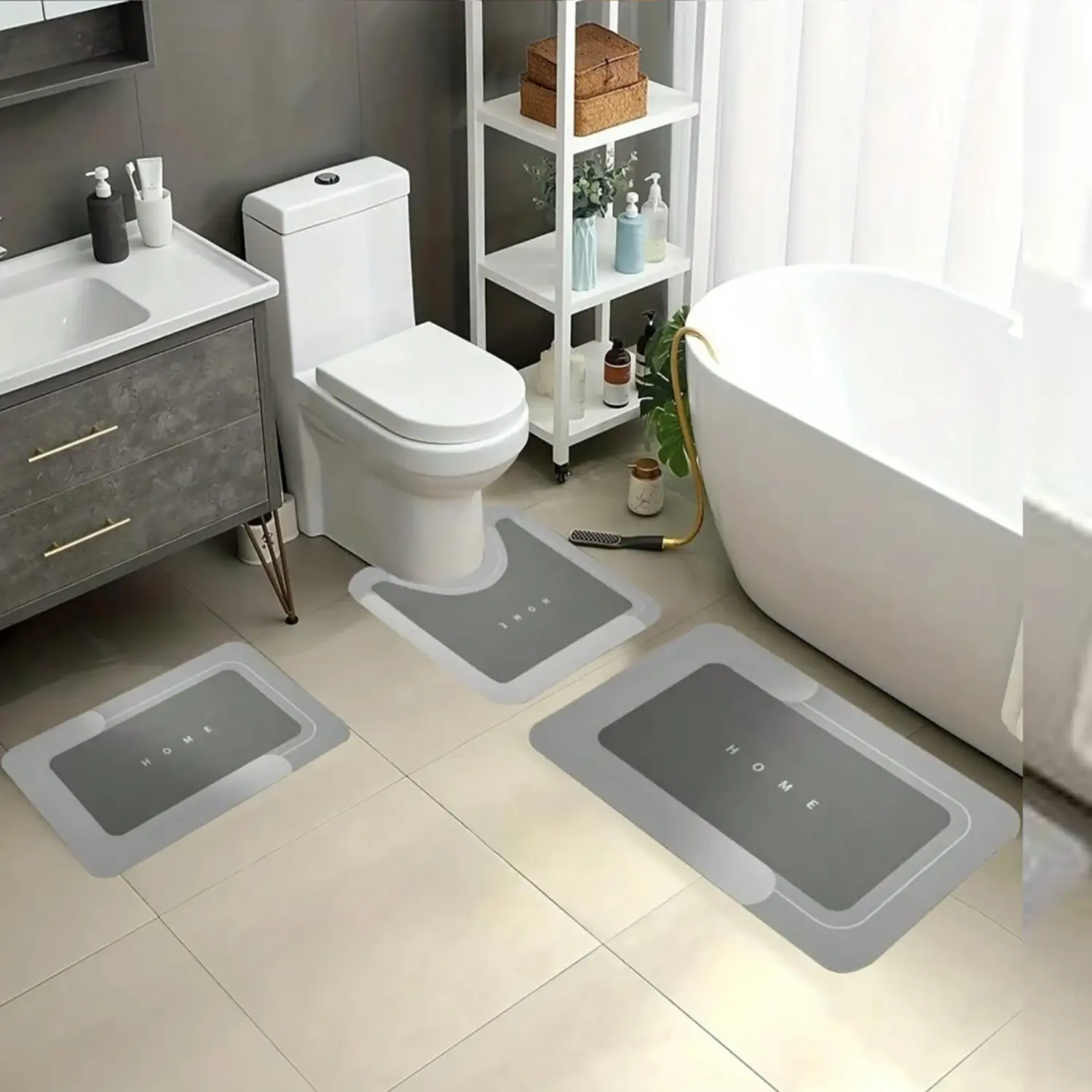 Bathroom Mats Set - 3 Piece Gray & White Non-Slip Rugs for Toilet, Shower, & Floor - Modern Design for Home Decor