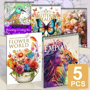 5-Pack Adult Coloring Book Set - Premium Anti-Stress Coloring Books with Intricate Designs of Flowers, Butterflies, and Birds for Relaxation & Stress Relief - Inspire & Empower Theme, Perfect for Holidays like Christmas & Halloween - Spiral Bound with Cle