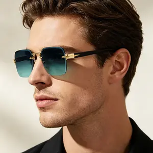 Luxury oversized frameless square sunglasses - gradient brown lenses, stylish metal frame eyeglasses