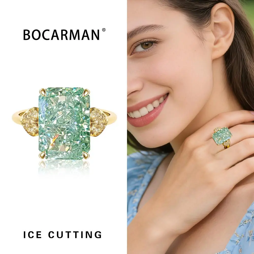 Bocarman Rectangular Ice Cut Mint Green Cubic Zirconia Copper Ring For Women Vintage Engagement Wedding Adjustable Jewelry