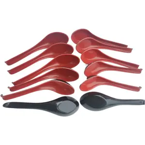 Plastic Large Soup Spoons with Long Handle, Red and Black Wonton Rice Spoons for Noodles, 12 Pack