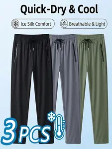 Men's summer ice silk pants, casual trousers. Quick-drying, lightweight, breathable, elastic waistband, zippered pockets, straight-leg, slim fit, highly elastic, cool, wrinkle-resistant, suitable for daily wear, recommended for jogging and fitness
