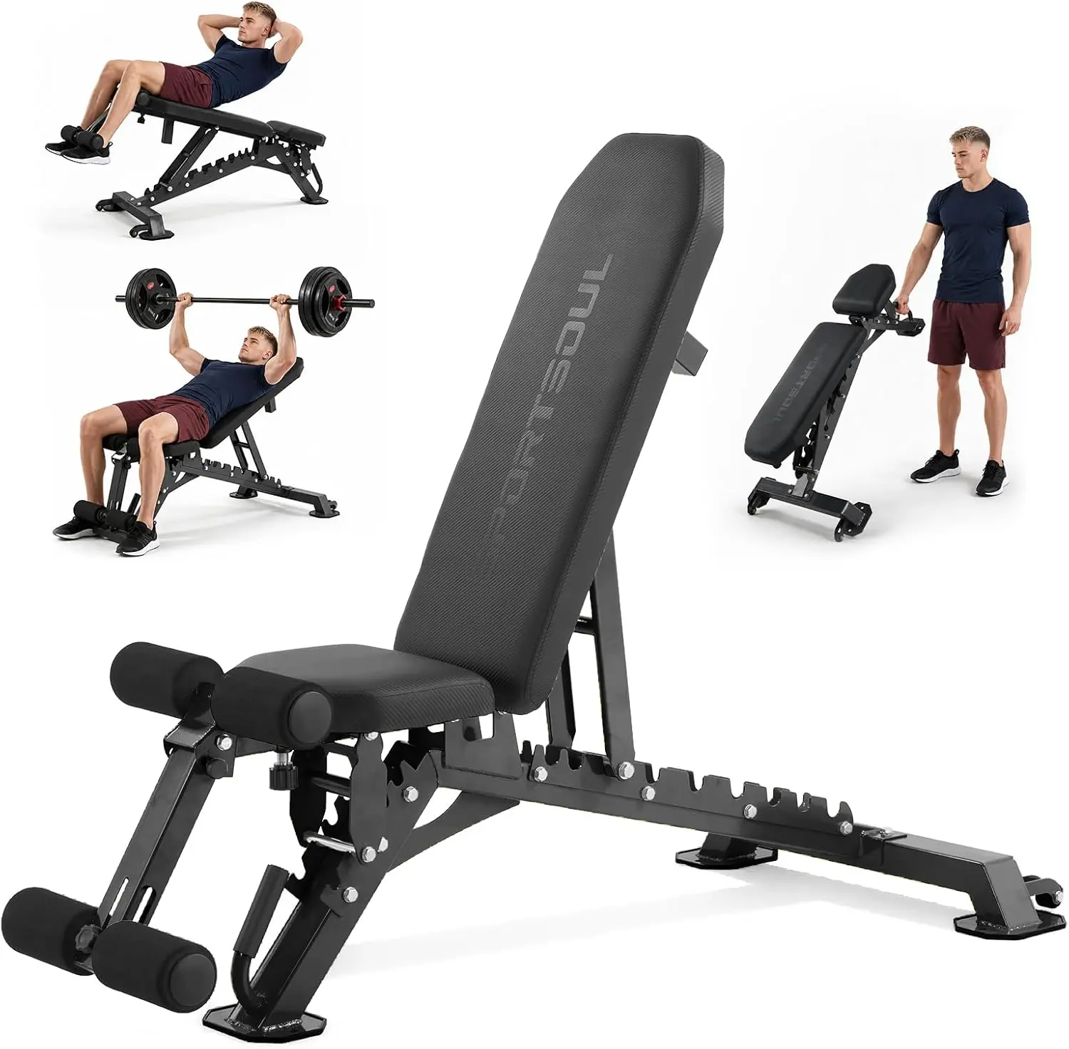 SPORTSOUL 1300LB Commercial Grade Adjustable Weight Bench - Flat, Incline, Decline Press Bench with 5+10 Adjustable Positions for Home Gym Strength Training, Sit-Up Support