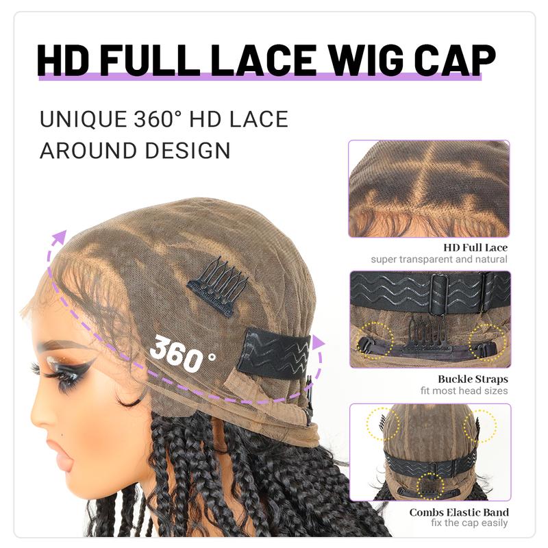 Boho Braided Wig 36Inch Full Lace Premium Synthetic Knotless Box Braid Wig with Baby Hair Bohemian Curly Ends