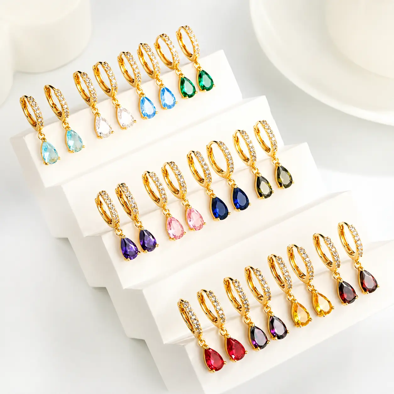 Trendy 14K Gold Plated Birthstone Drop Hoop Earrings - Exquisite Birthstone Huggie Earrings Elegant Gift for Women Teardrop Earrings Festivals, Birthdays, and Special Occasions
