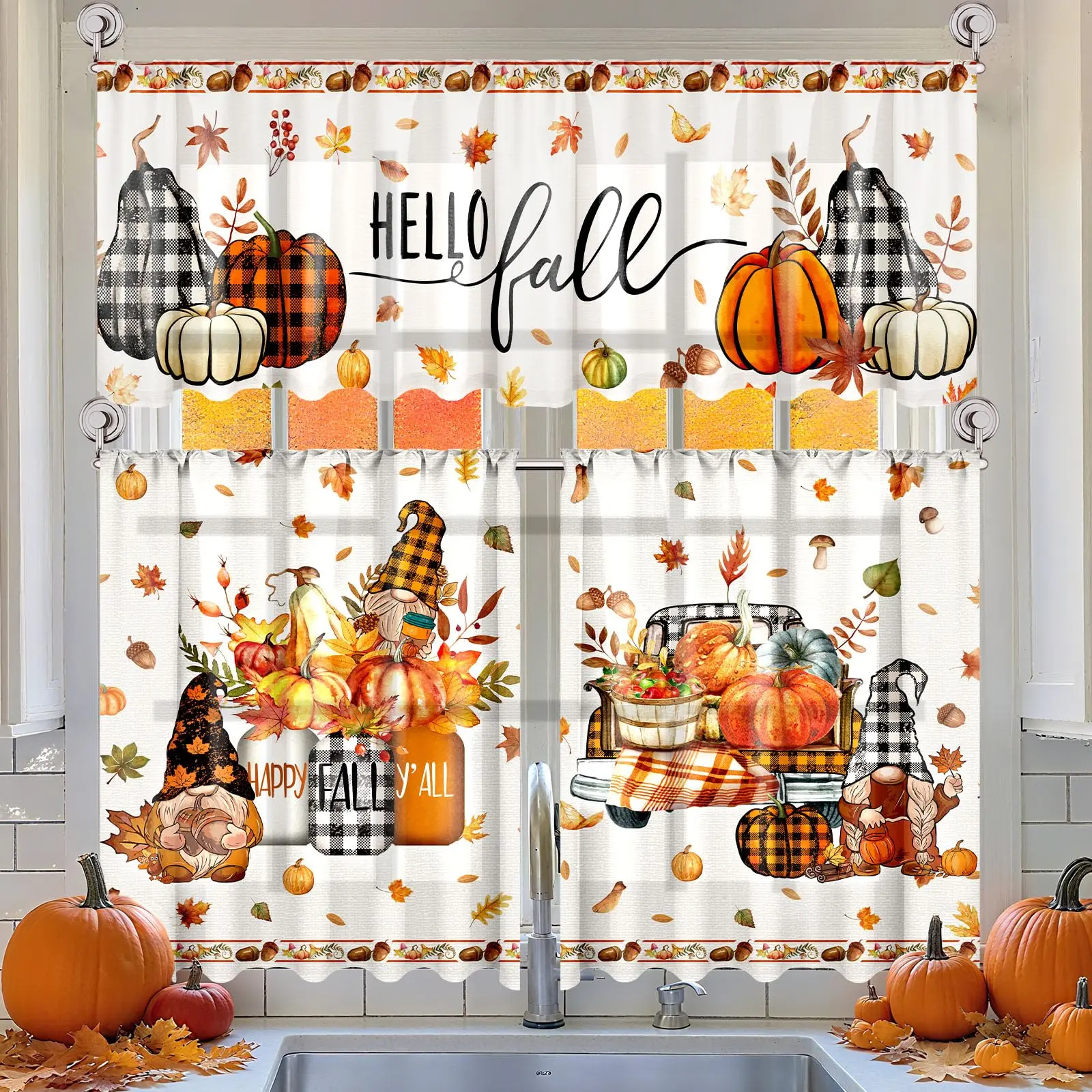 3 Pcs Halloween Decor Kitchen Curtains Set,  Thanksgiving Christmas Valance & Tiers, Waterproof Polyester Rod Pocket Window Treatment for Kitchen Cafe Farmhouse Holiday Home Party Kitchen Decor