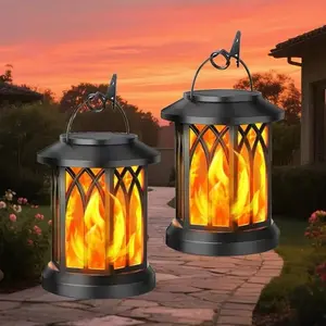 Solar Flickering Lantern Set, Auto On/Off 12Hrs Hanging Outdoor Decor, Soft Breeze Garden Light for Holiday Party Father’s Day Gift
