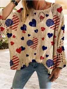 Women's Independence Day Heart Print Long Sleeve Knit Pullover Top, Casual Elegant Vacation Style Sweater, Loose Batwing Shoulders, Spring Fall Fashion, Graphic Knitwear